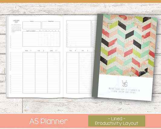 2026 Weekly Planner | Productivity Weekly Planner | Lined Layout - Black and White | Ready to Ship - Shabby Chevron