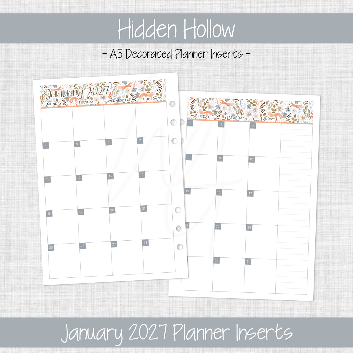 A5 Planner Inserts | Hidden Hollow - January 2027