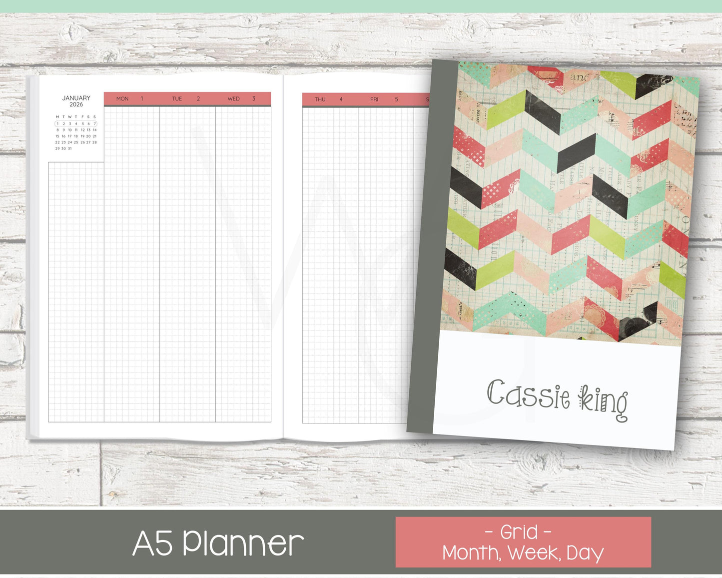 Complete Vertical Planner | Month, Week, Day Planner | Grid Layout | Shabby Chevron