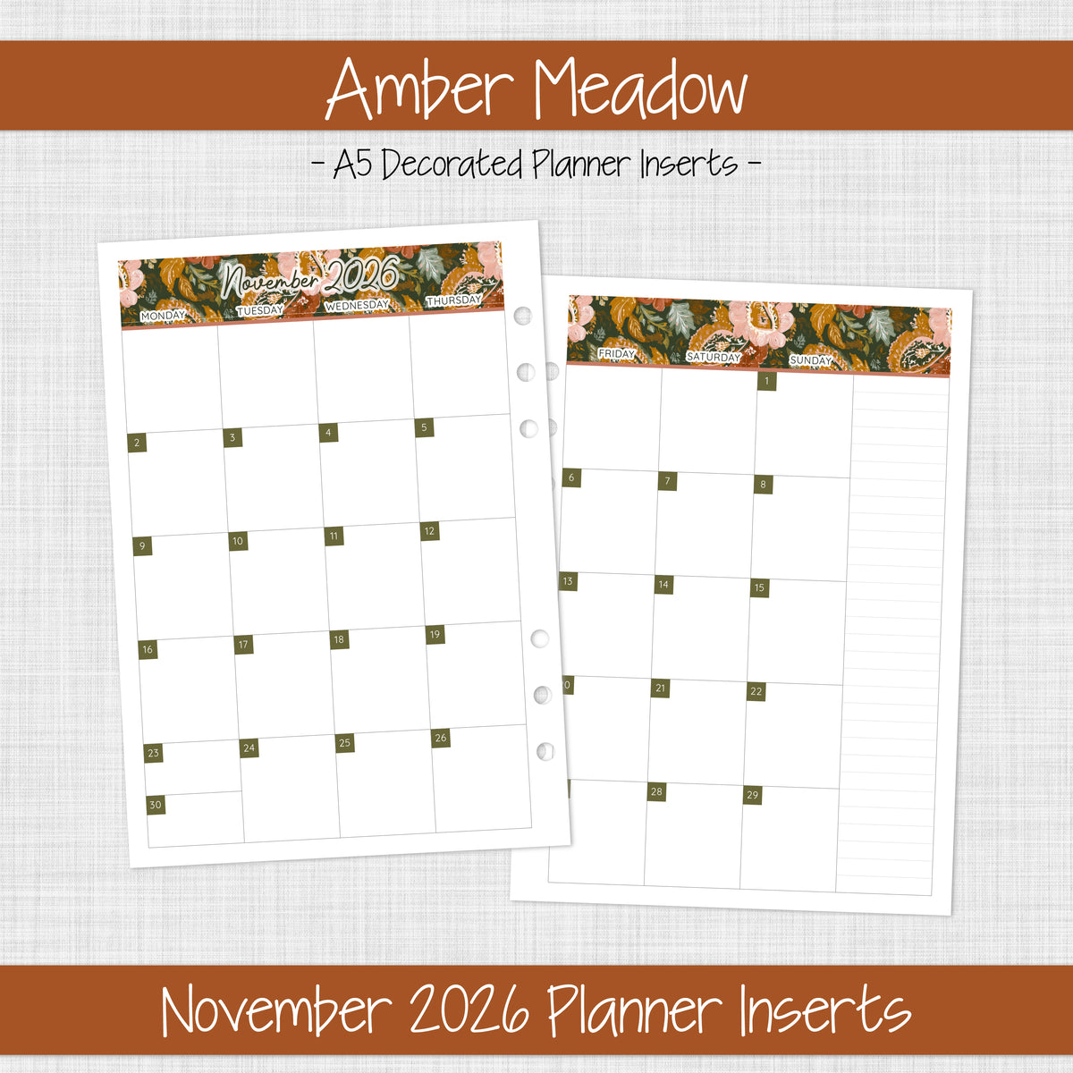A5 Planner Inserts | Amber Meadow - November 2026