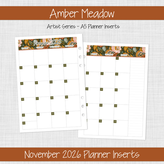A5 Planner Inserts | Amber Meadow - November 2026