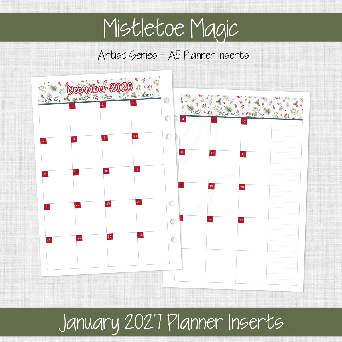 A5 Planner Inserts | Mistletoe Magic - December 2026