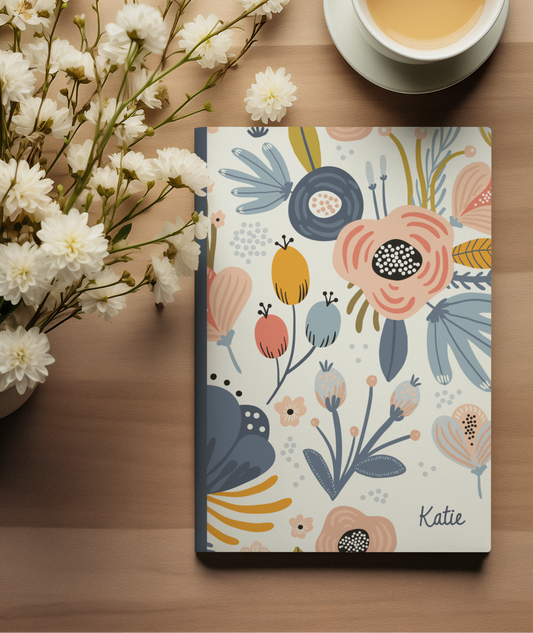 a floral-patterned notebook, a cup of tea, and a vase of white flowers on a wooden surface.