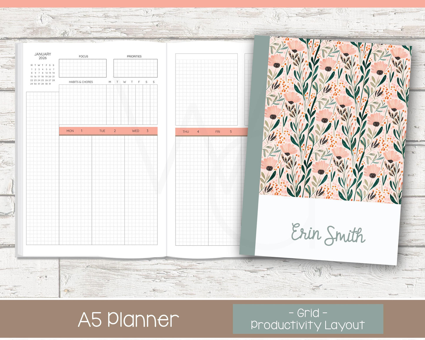 Weekly Personalized Planner | Productivity Weekly Planner | Grid Layout | Cottage Bloom