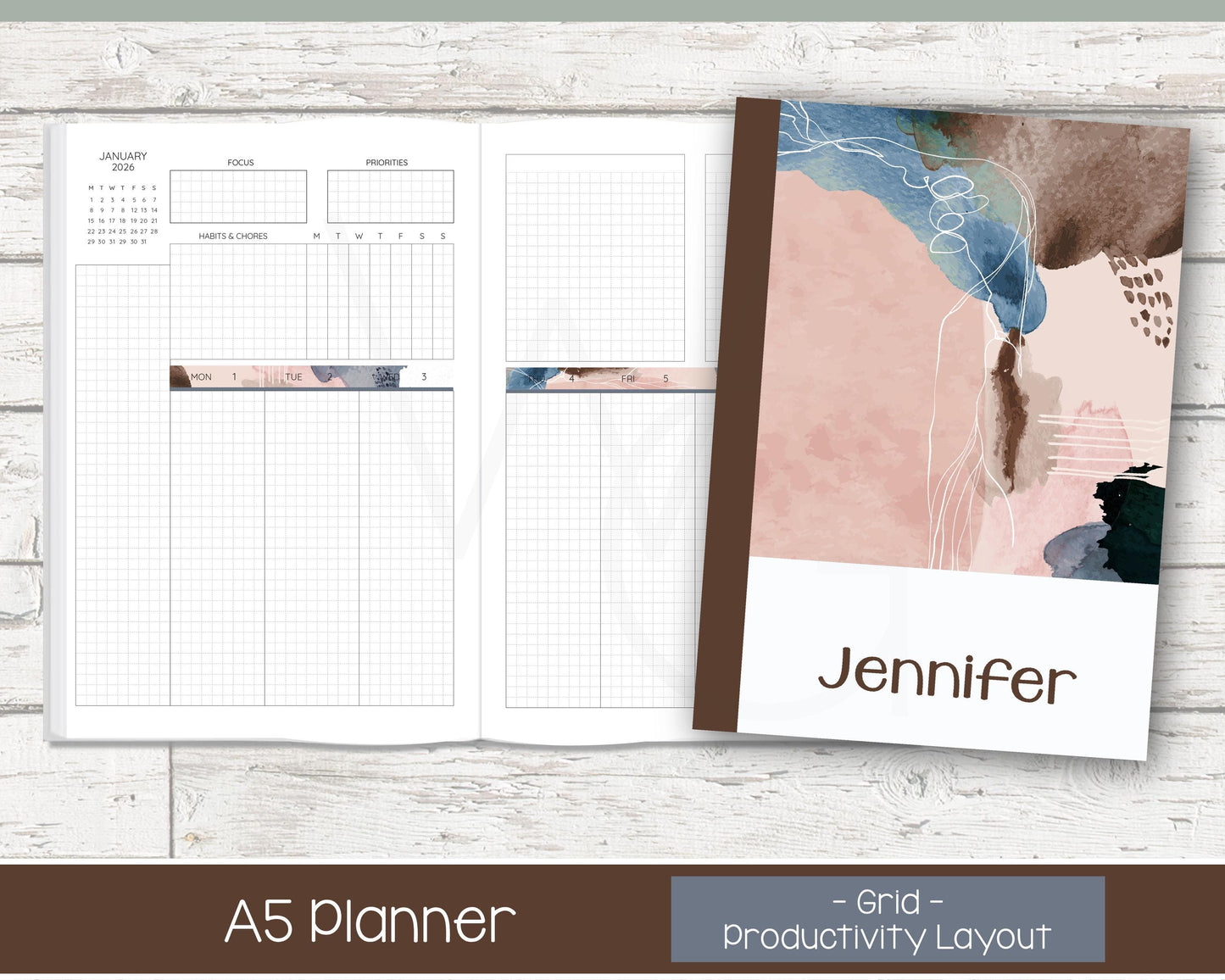 Weekly Personalized Planner | Productivity Weekly Planner | Grid Layout | Blush & Ink