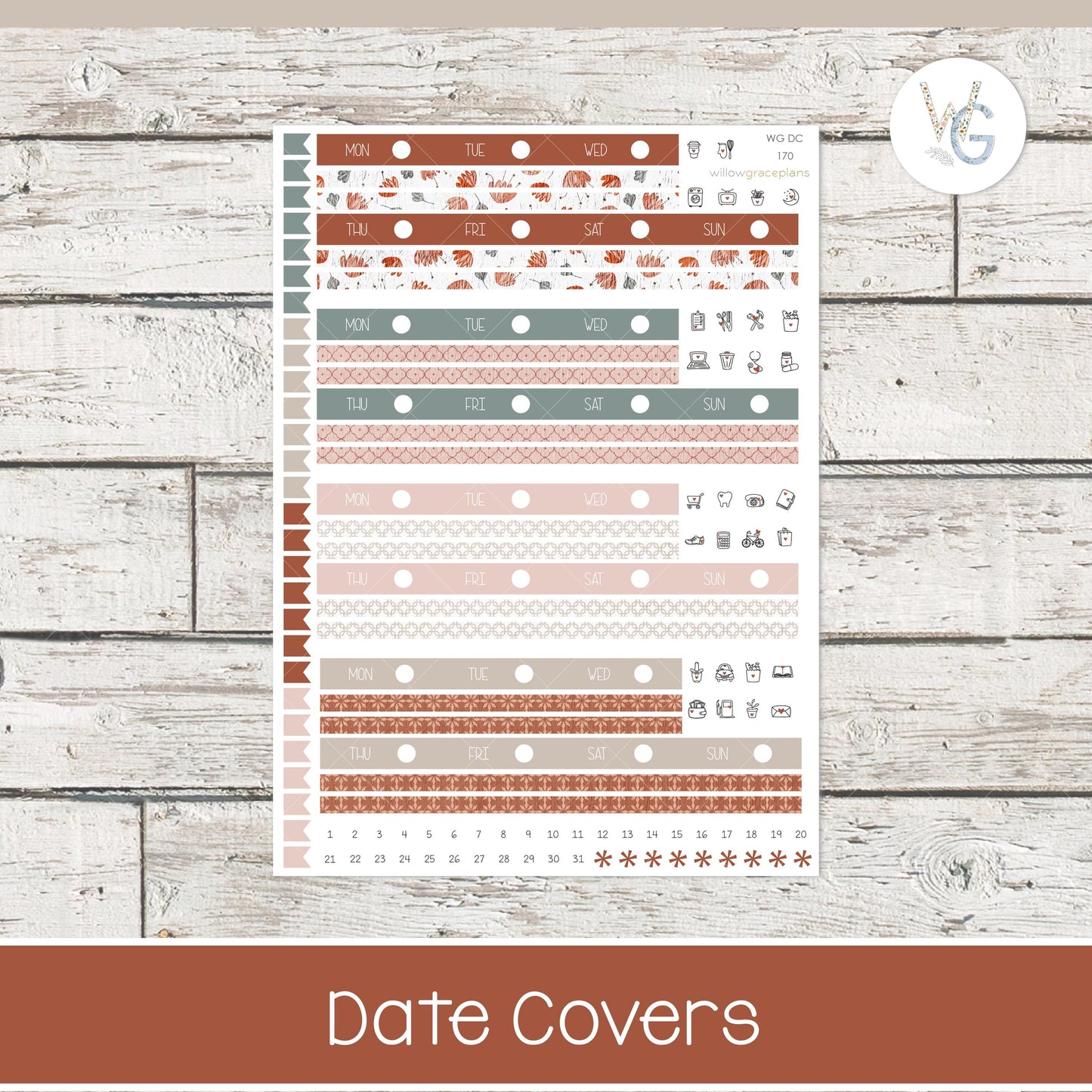 Date Covers - Planner Stickers - Willow Grace Planner Stickers | DC-170