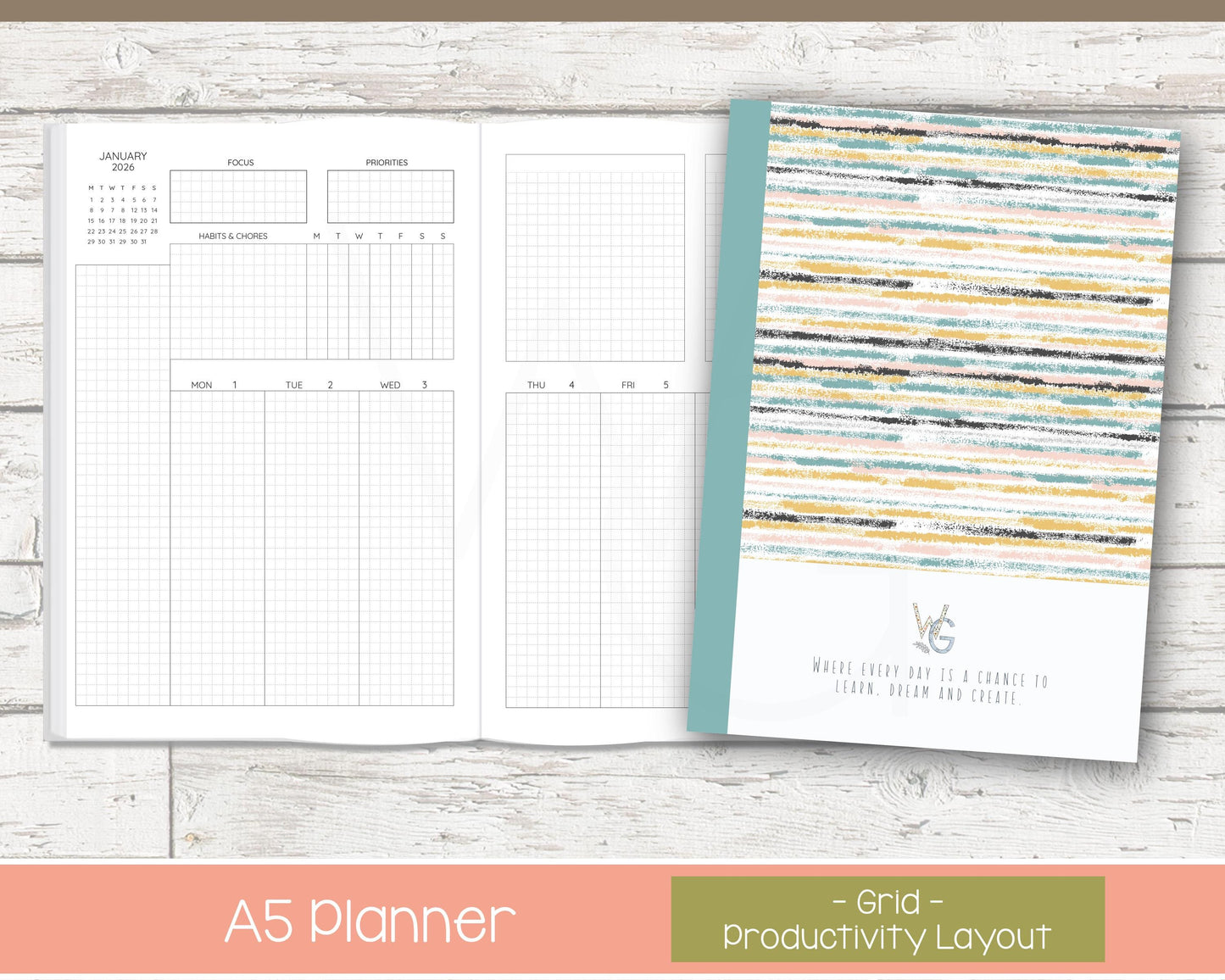 2026 Weekly Planner | Productivity Weekly Planner | Grid Layout - Black and White | Ready to Ship - Reflections