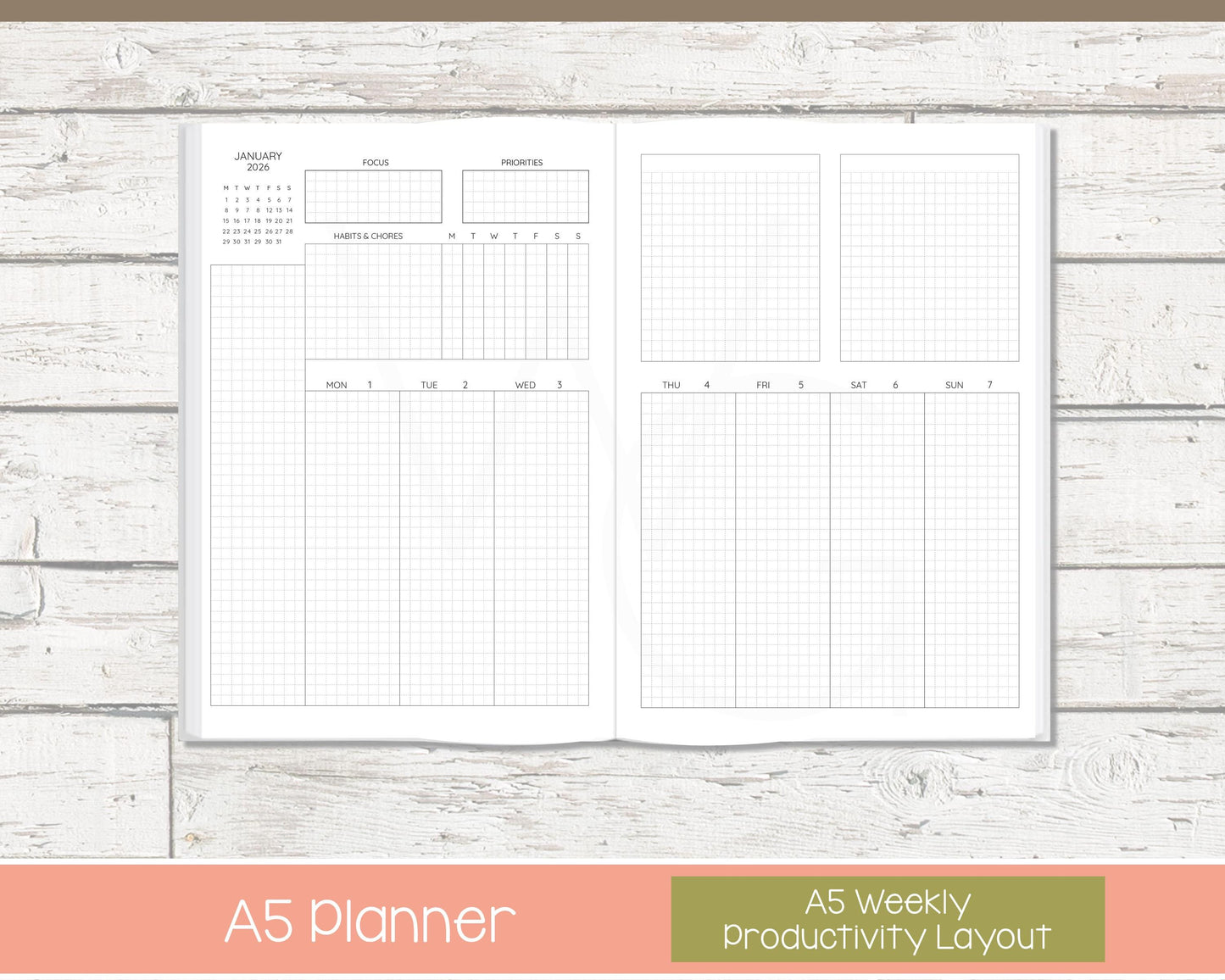 2026 Weekly Planner | Productivity Weekly Planner | Grid Layout - Black and White | Ready to Ship - Reflections