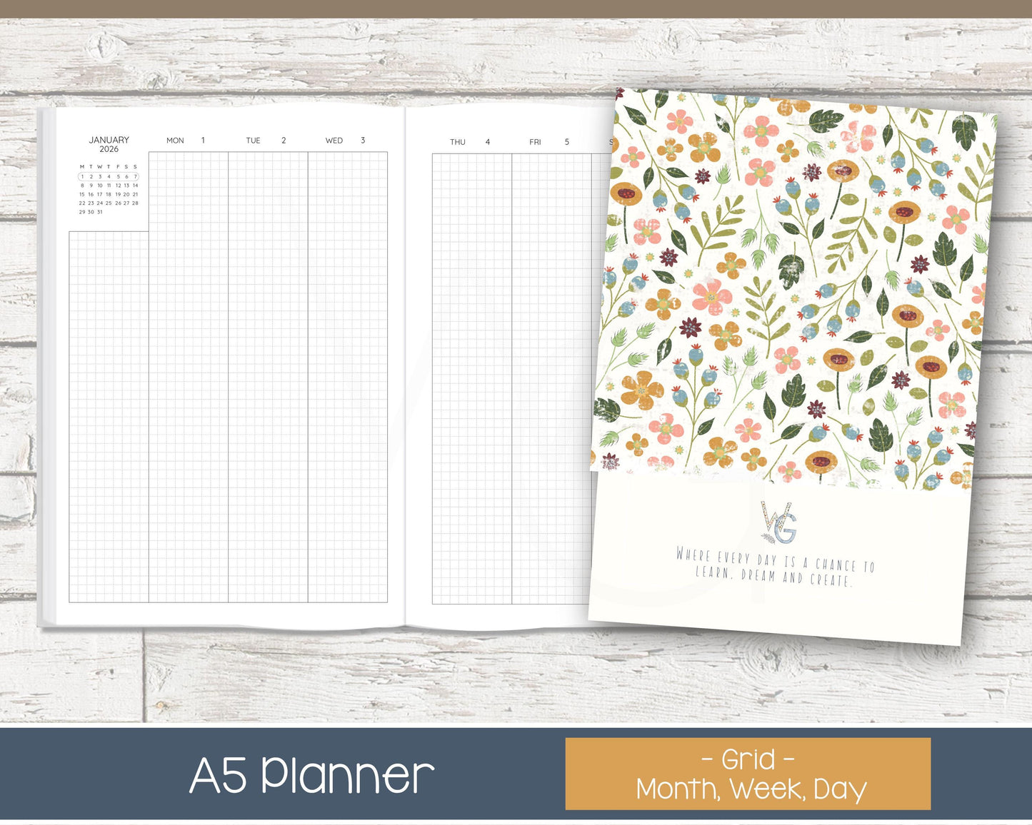 2026 Complete Planner | Month, Week, Day Planner | Grid Layout - Black and White | Ready to Ship - Meadow