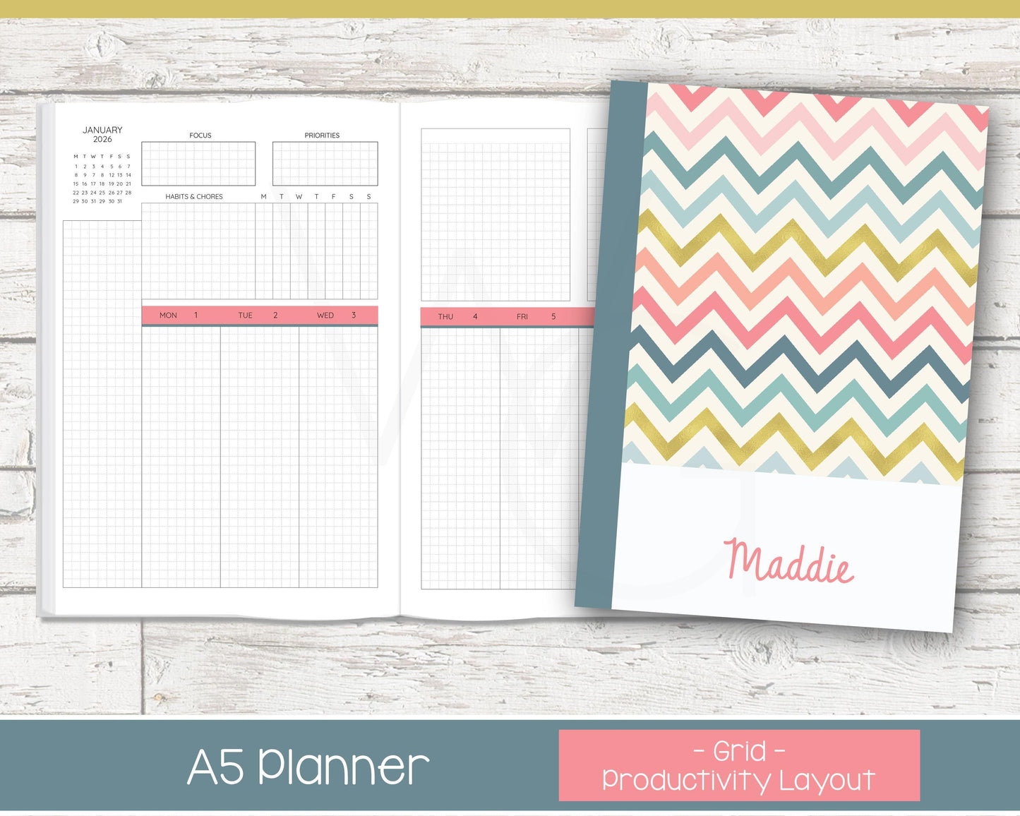 Weekly Personalized Planner | Productivity Weekly Planner | Grid Layout | Chevron Rainbow
