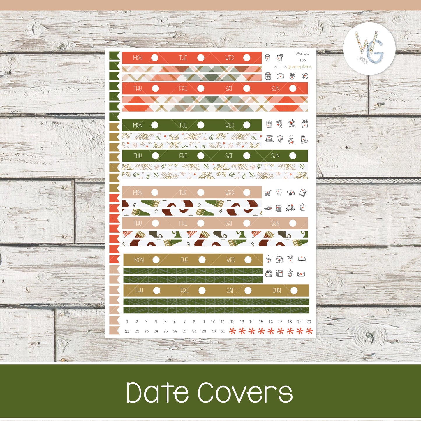 Date Covers - Planner Stickers - Willow Grace Planner Stickers | DC-136