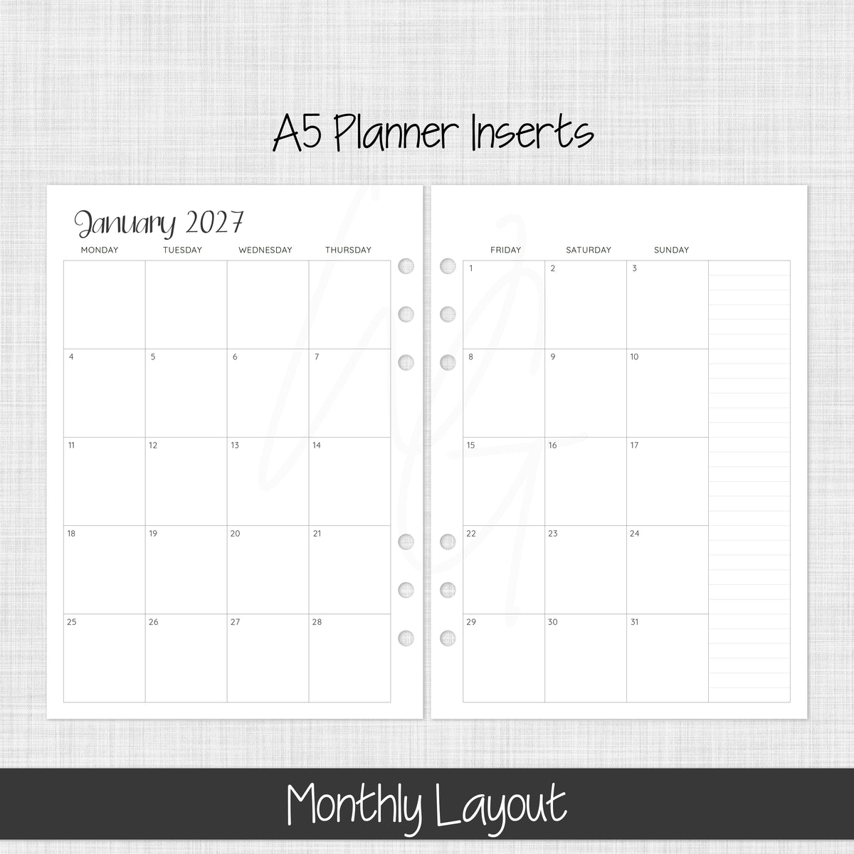 A5 Planner Inserts | January 2027
