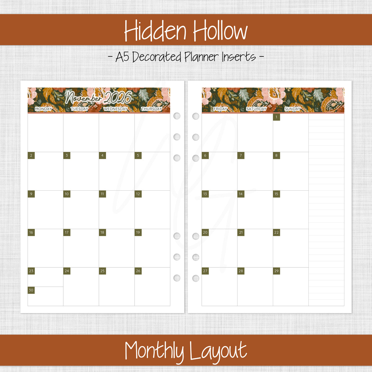 A5 Planner Inserts | Amber Meadow - November 2026
