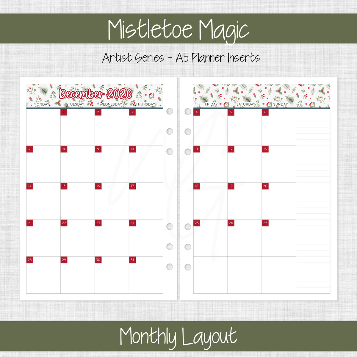 A5 Planner Inserts | Mistletoe Magic - December 2026
