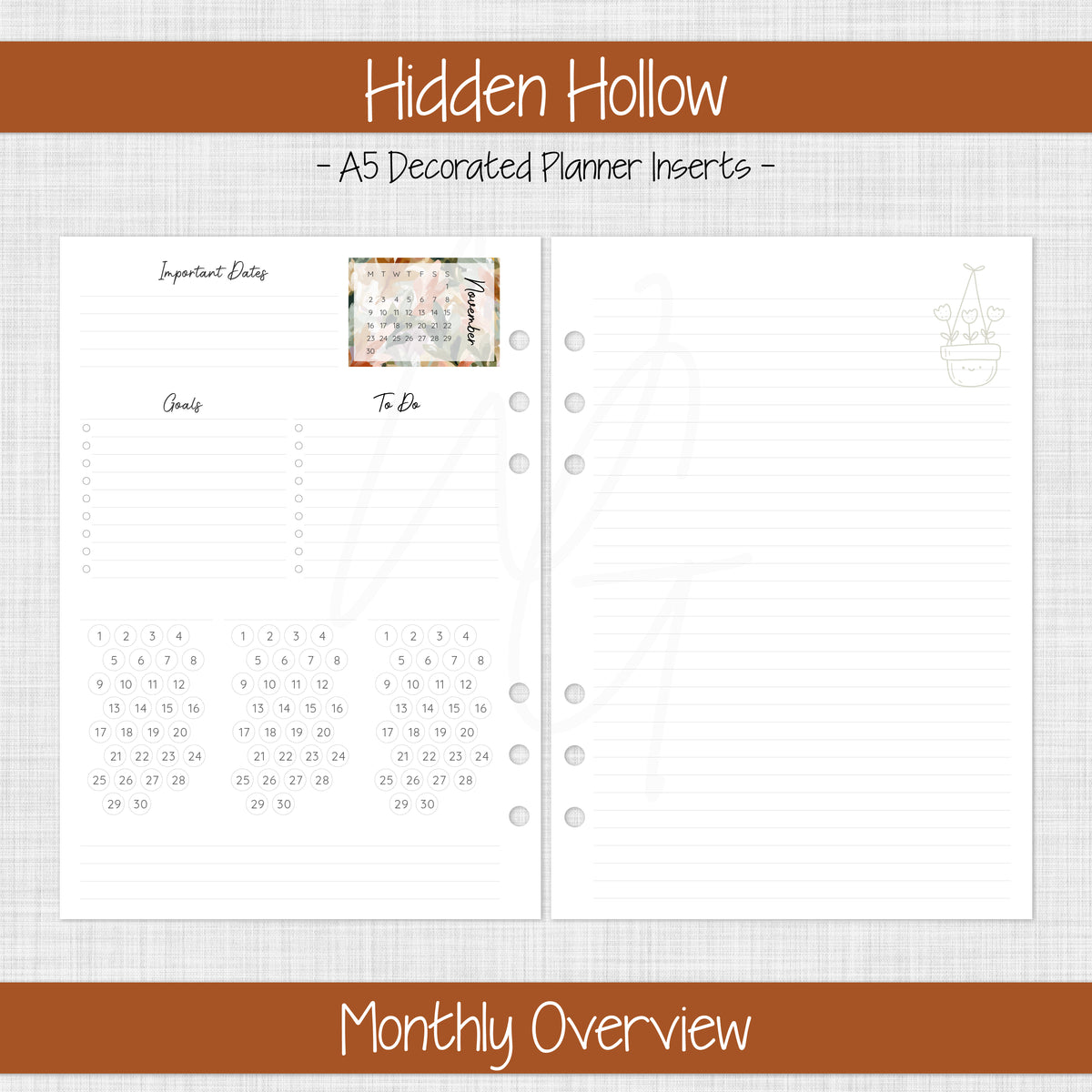 A5 Planner Inserts | Amber Meadow - November 2026