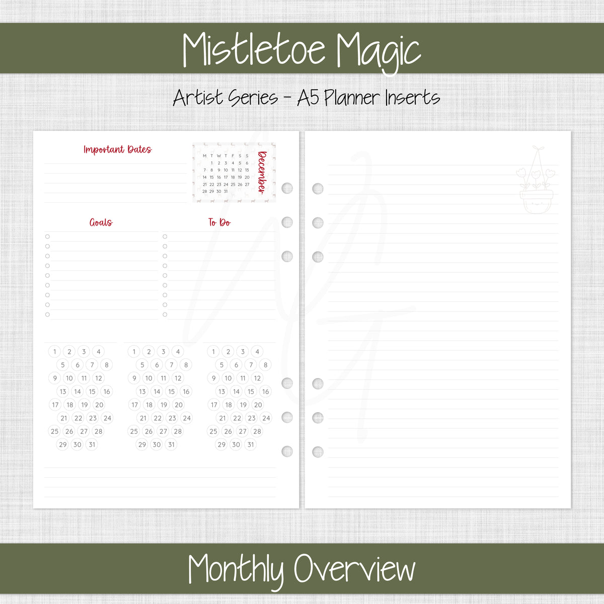 A5 Planner Inserts | Mistletoe Magic - December 2026