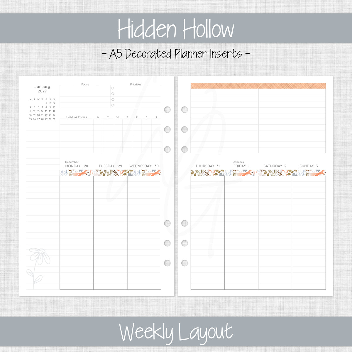 A5 Planner Inserts | Hidden Hollow - January 2027