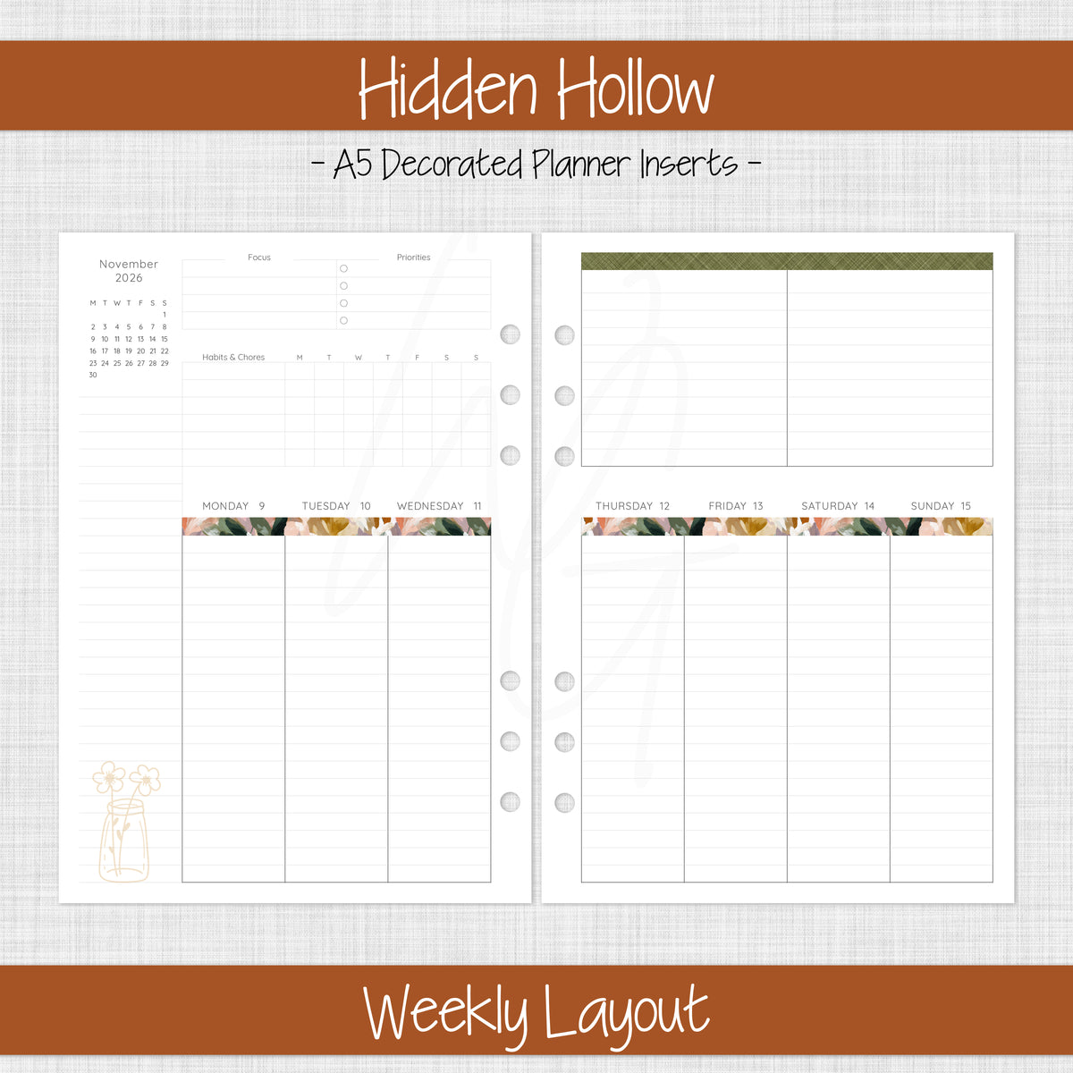 A5 Planner Inserts | Amber Meadow - November 2026