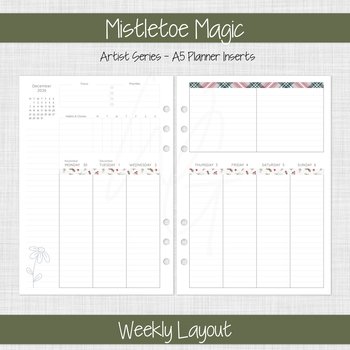 A5 Planner Inserts | Mistletoe Magic - December 2026
