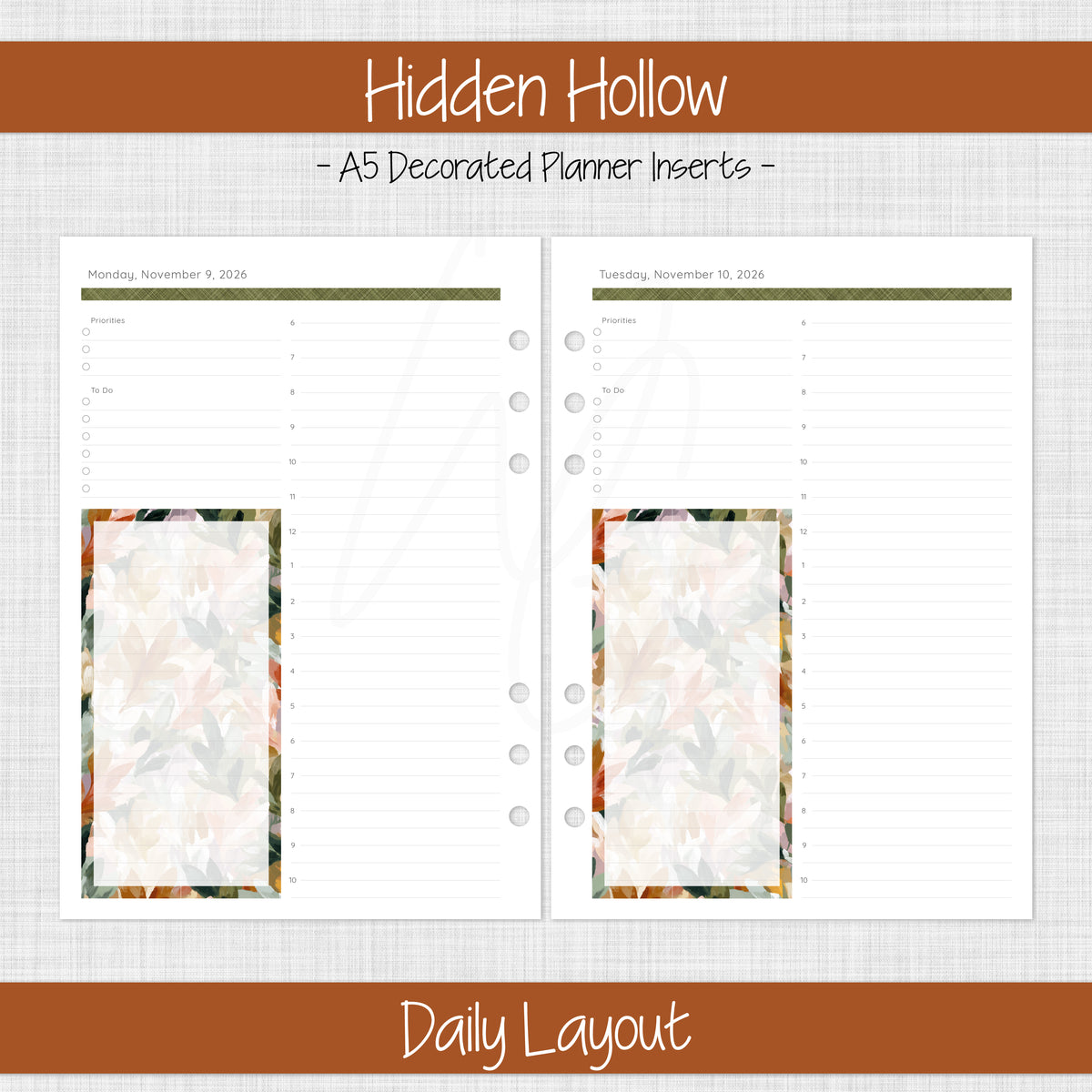 A5 Planner Inserts | Amber Meadow - November 2026