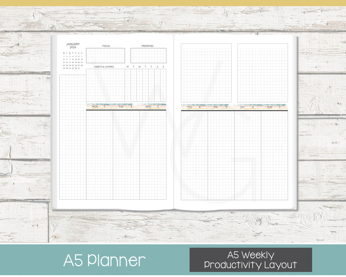 Complete Productivity Planer | Month, Week, Day Planner | Grid Layout | Reflections