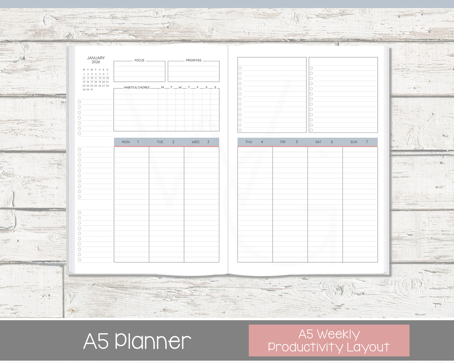 Complete Productivity Planer | Month, Week, Day Planner | Lined Layout | Vintage Blues