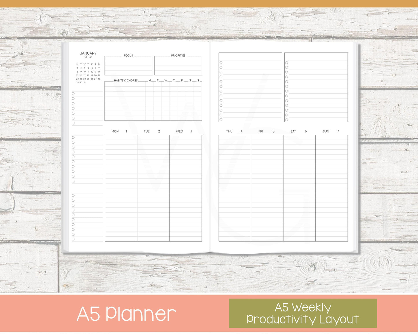 2026 Weekly Planner | Productivity Weekly Planner | Lined Layout - Black and White | Ready to Ship - Shabby Chevron