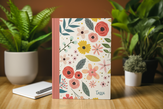 A floral-patterned notebook with a pink spine is placed on a wooden surface, surrounded by potted plants and a pen.