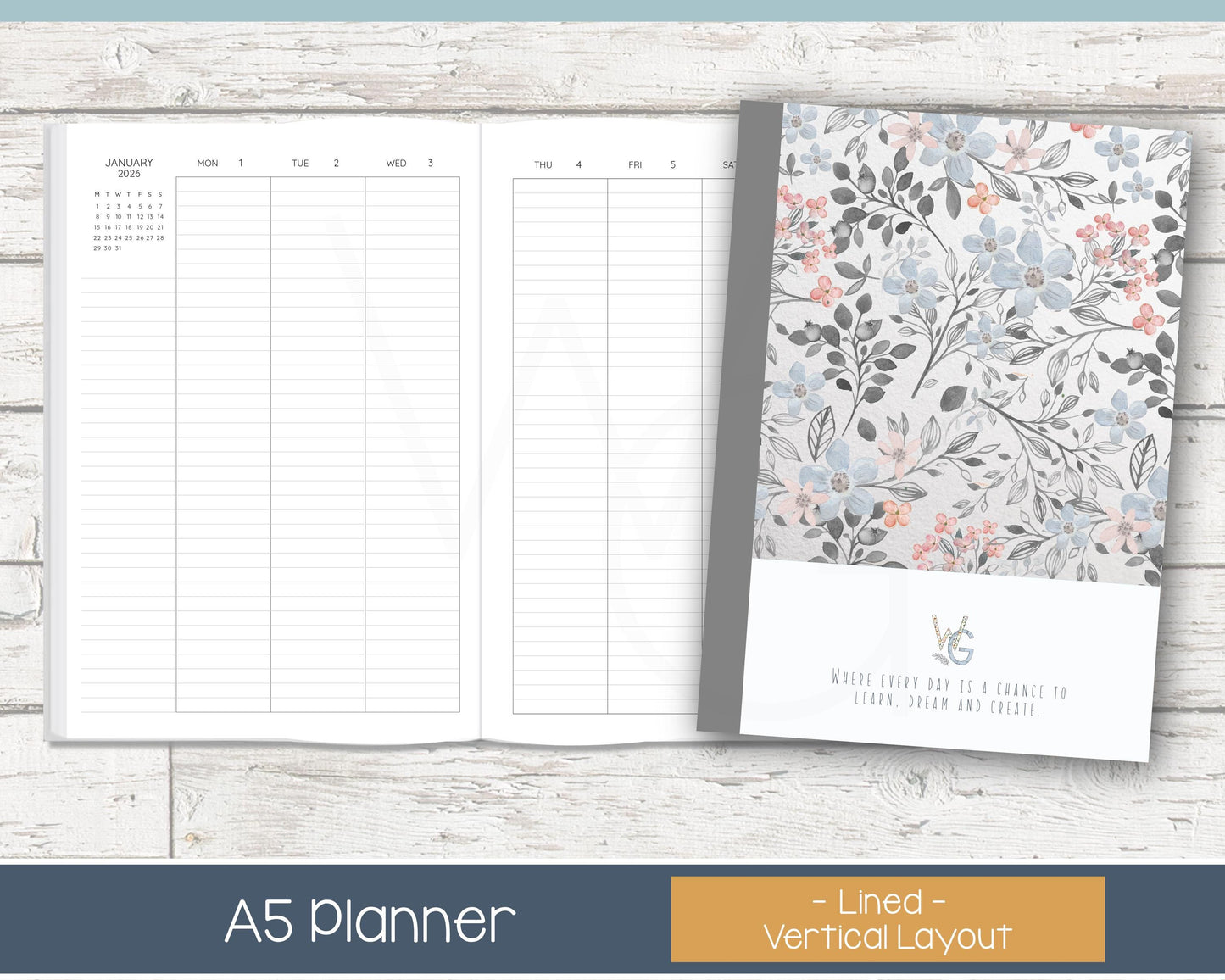 2026 Weekly Planner | Vertical Weekly Planner | Lined Layout - Black and White | Ready to Ship - Vintage Blues