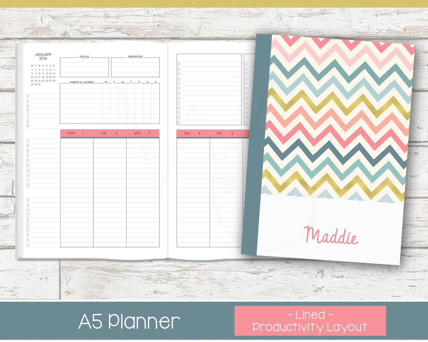 Weekly Personalized Planner | Productivity Weekly Planner | Lined Layout | Chevron Rainbow